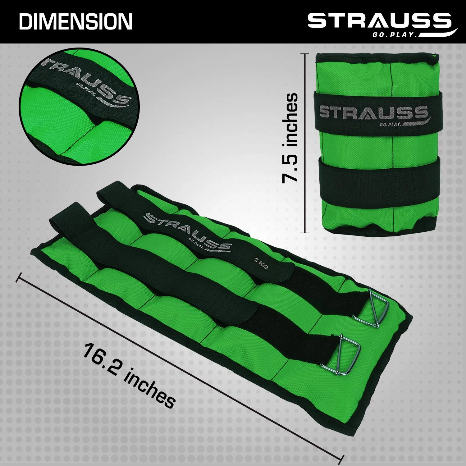 Strauss Adjustable Ankle/Wrist Weights 2 KG X 2 | Ideal for Walking, Running, Jogging, Cycling, Gym, Workout & Strength Training | Easy to Use on Ankle, Wrist, Leg, (Green)