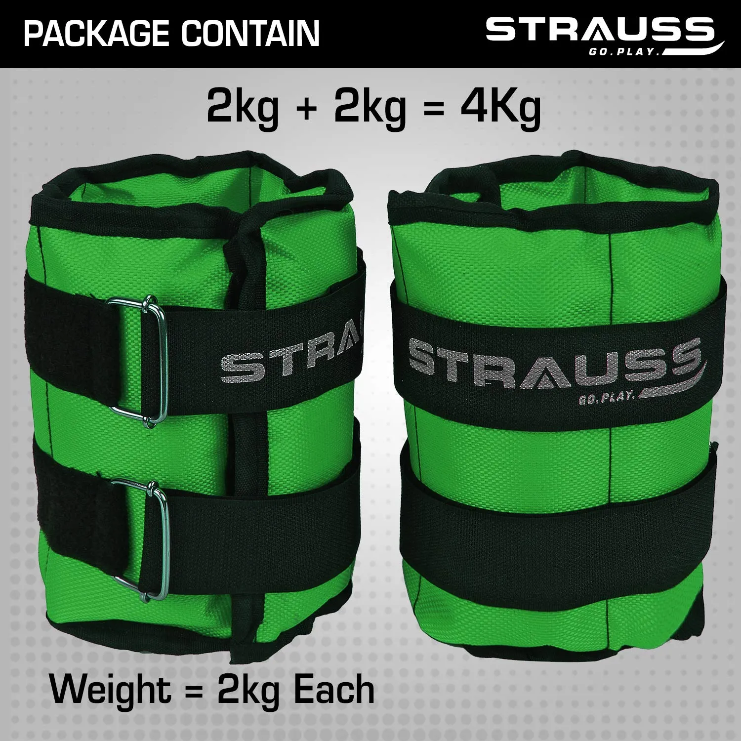 Strauss Adjustable Ankle/Wrist Weights 2 KG X 2 | Ideal for Walking, Running, Jogging, Cycling, Gym, Workout & Strength Training | Easy to Use on Ankle, Wrist, Leg, (Green)