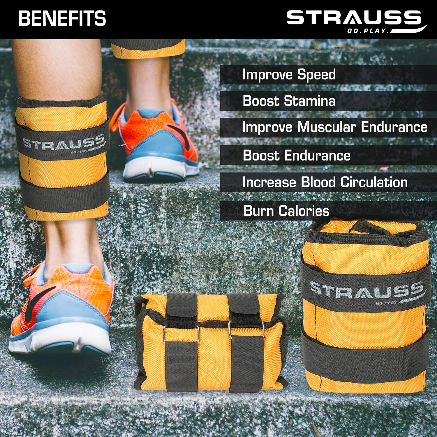 Strauss Adjustable Ankle/Wrist Weights 5 KG X 2 | Ideal for Walking, Running, Jogging, Cycling, Gym, Workout & Strength Training | Easy to Use on Ankle, Wrist, Leg, (Yellow)