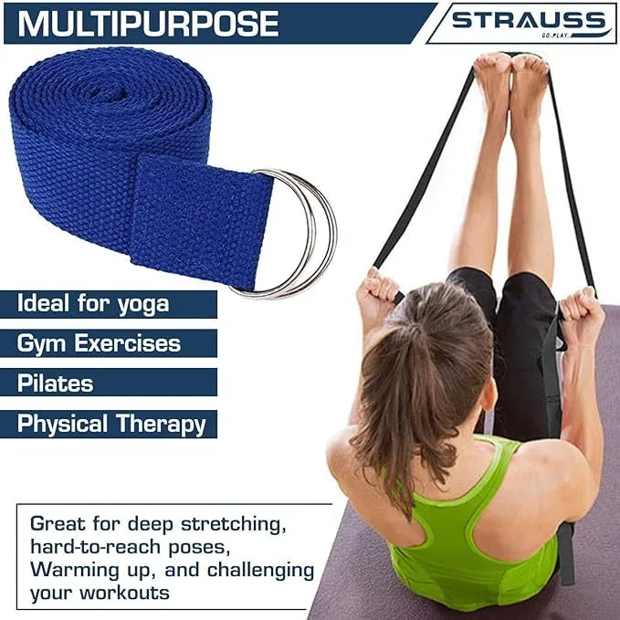 Strauss Yoga Strap & Stretching Belt | Ideal for Yoga, Pilates, Therapy, Dance, Gymnastics & Flexibility | 60% Thicker Belt with Extra Safe Adjustable Metal D-Ring Buckle|8 feet (Blue) | Pack of 10
