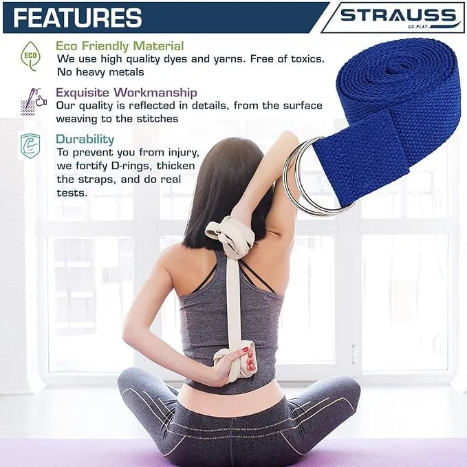 Strauss Yoga Strap & Stretching Belt | Ideal for Yoga, Pilates, Therapy, Dance, Gymnastics & Flexibility | 60% Thicker Belt with Extra Safe Adjustable Metal D-Ring Buckle|8 feet (Blue) | Pack of 10