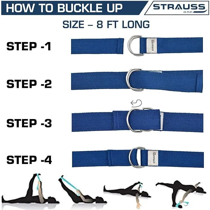 Strauss Yoga Strap & Stretching Belt | Ideal for Yoga, Pilates, Therapy, Dance, Gymnastics & Flexibility | 60% Thicker Belt with Extra Safe Adjustable Metal D-Ring Buckle|8 feet (Blue) | Pack of 10