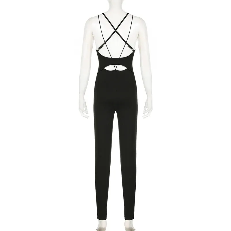 Streetwear Spaghetti Strap Fitness Summer Jumpsuit Backless Solid One Piece Bodysuit Gym Rompers Workout Yoga Outfits