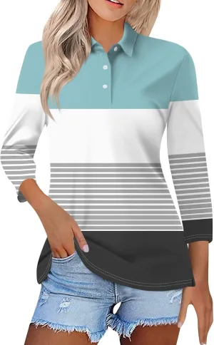 Striped Button Down Shirt Women,3/4 Sleeve Tops V Neck Work Polo Blouses Dressy Casual Collared Elbow Sleeve Tunic
