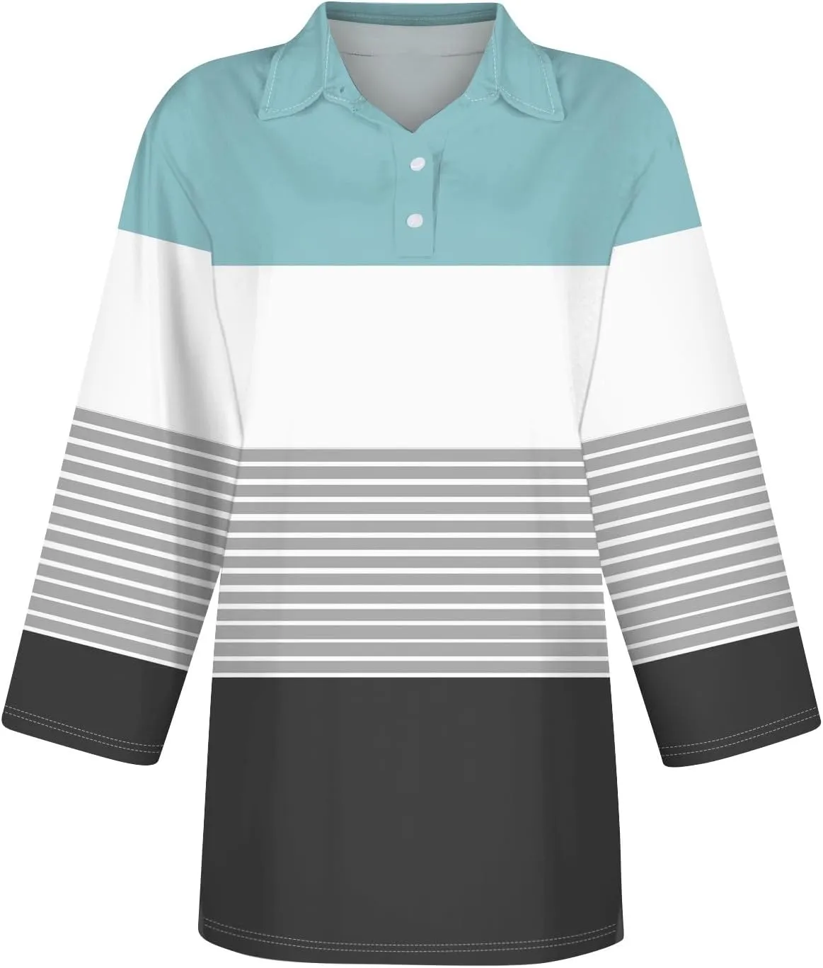Striped Button Down Shirt Women,3/4 Sleeve Tops V Neck Work Polo Blouses Dressy Casual Collared Elbow Sleeve Tunic