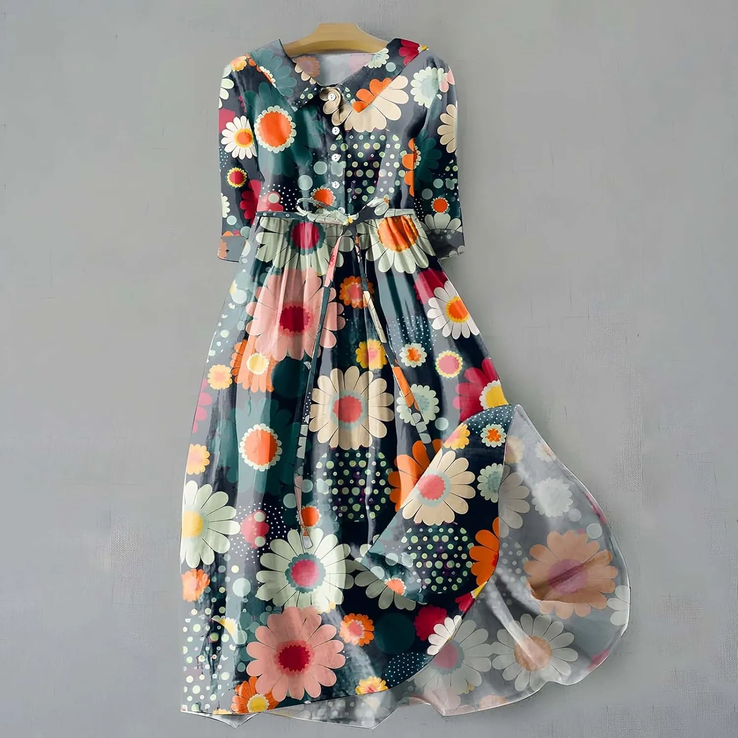 Summer Cotton Linen Dresses for Women 2025 Plus Size 3/4 Sleeve Floral Maxi Dress Elegantes Spring Vacation Dress