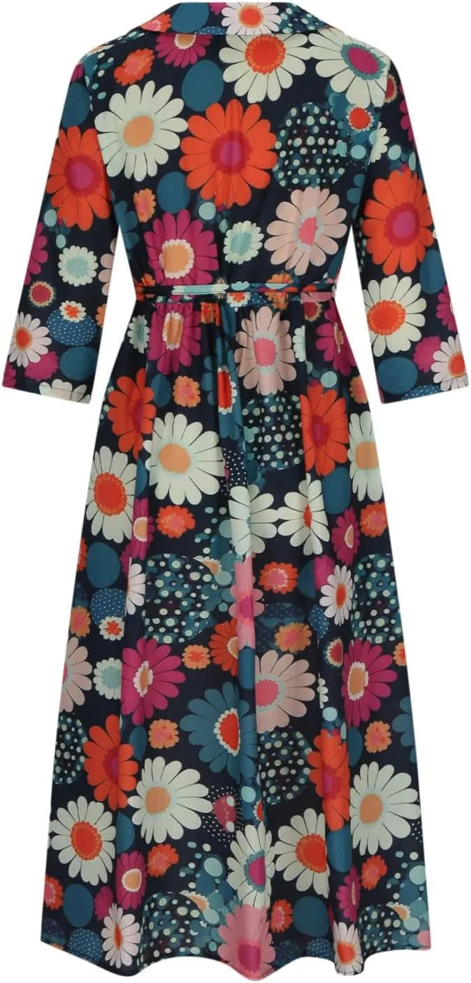 Summer Cotton Linen Dresses for Women 2025 Plus Size 3/4 Sleeve Floral Maxi Dress Elegantes Spring Vacation Dress