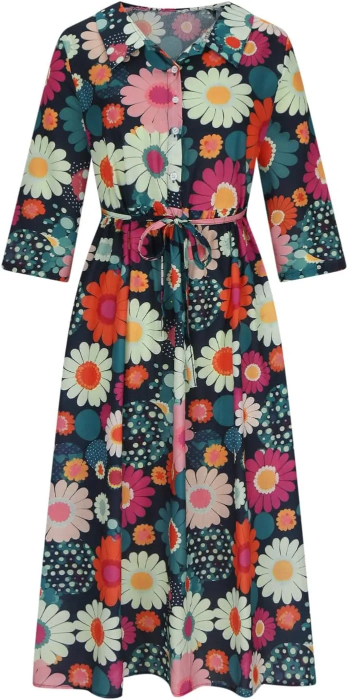 Summer Cotton Linen Dresses for Women 2025 Plus Size 3/4 Sleeve Floral Maxi Dress Elegantes Spring Vacation Dress