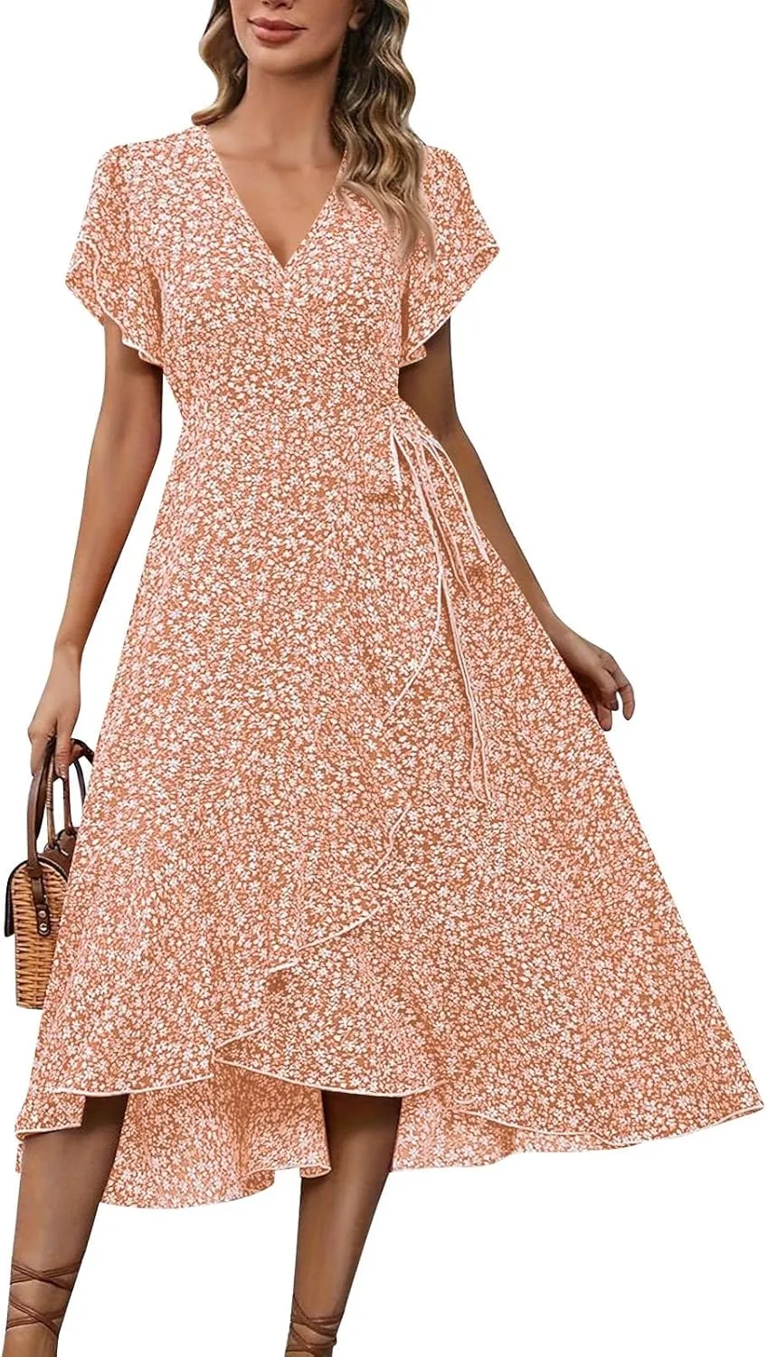 Summer Floral Dresses for Women 2025 Midi Wrap Dress V Neck Flutter Short Sleeve Ruffle Hem Tie Waist Beach Dresses