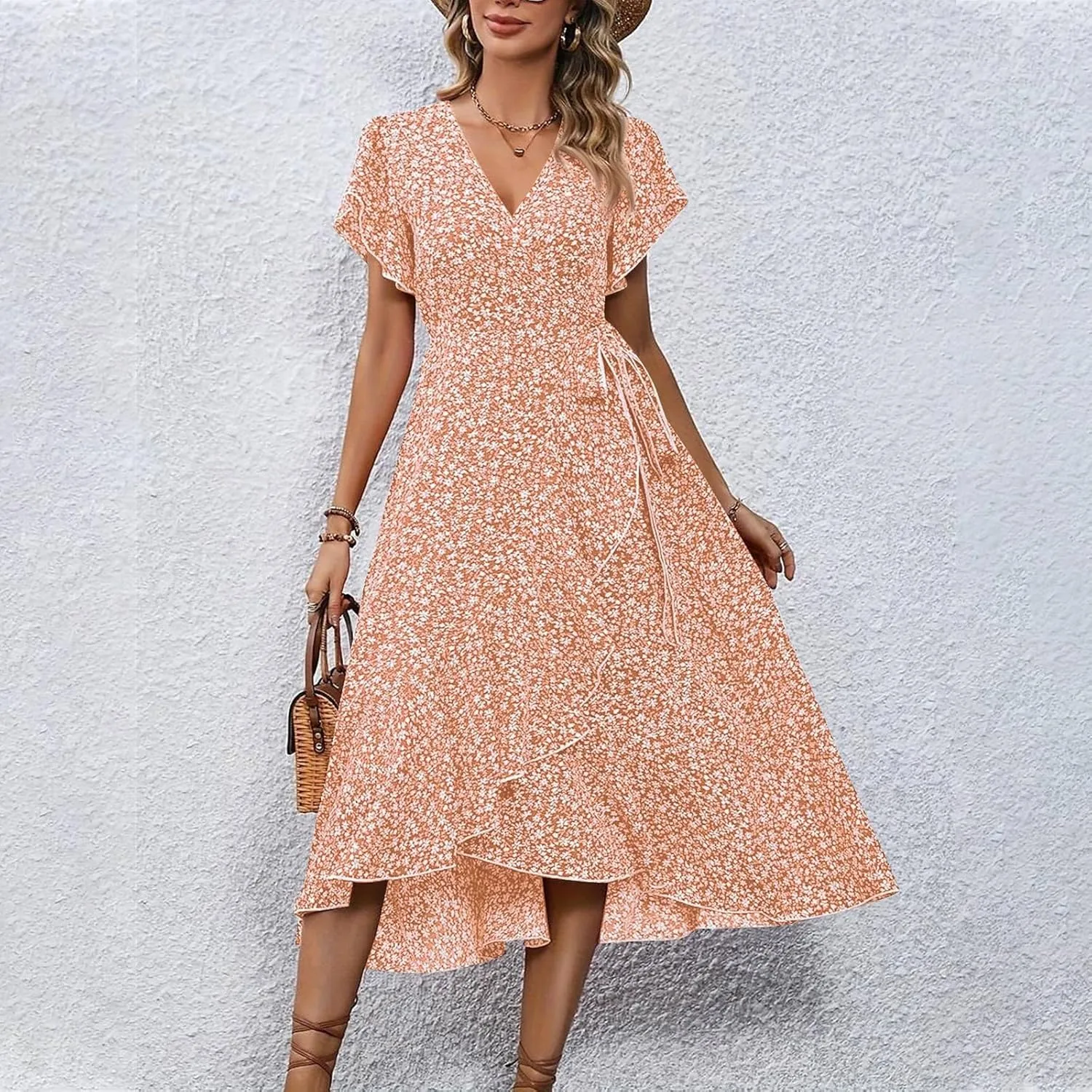 Summer Floral Dresses for Women 2025 Midi Wrap Dress V Neck Flutter Short Sleeve Ruffle Hem Tie Waist Beach Dresses