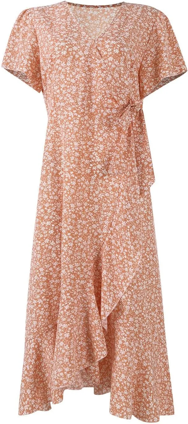 Summer Floral Dresses for Women 2025 Midi Wrap Dress V Neck Flutter Short Sleeve Ruffle Hem Tie Waist Beach Dresses
