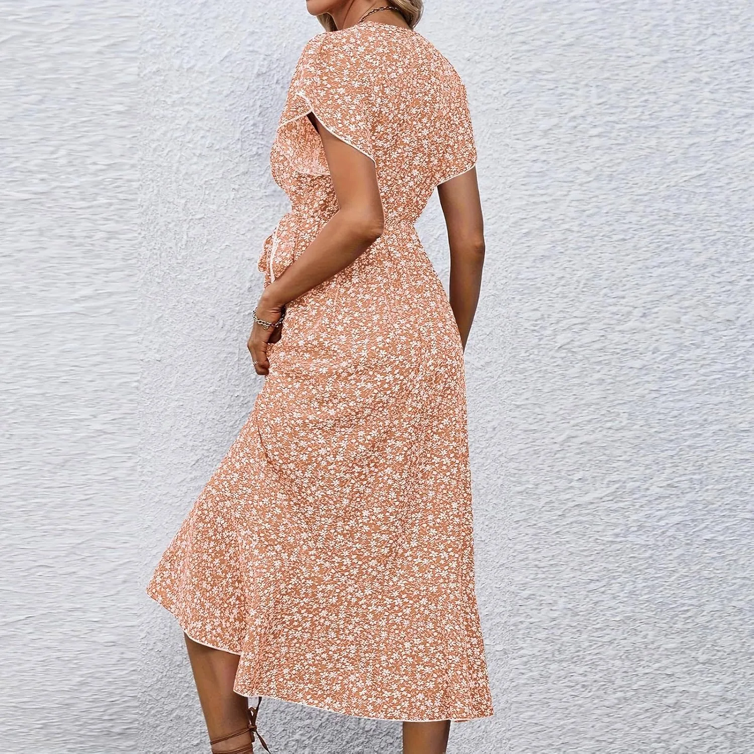 Summer Floral Dresses for Women 2025 Midi Wrap Dress V Neck Flutter Short Sleeve Ruffle Hem Tie Waist Beach Dresses
