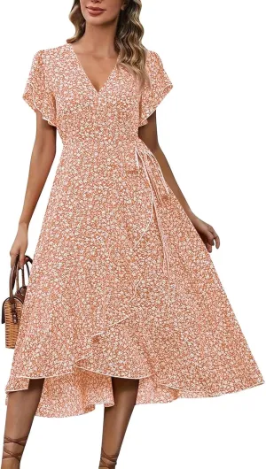 Summer Floral Dresses for Women 2025 Midi Wrap Dress V Neck Flutter Short Sleeve Ruffle Hem Tie Waist Beach Dresses