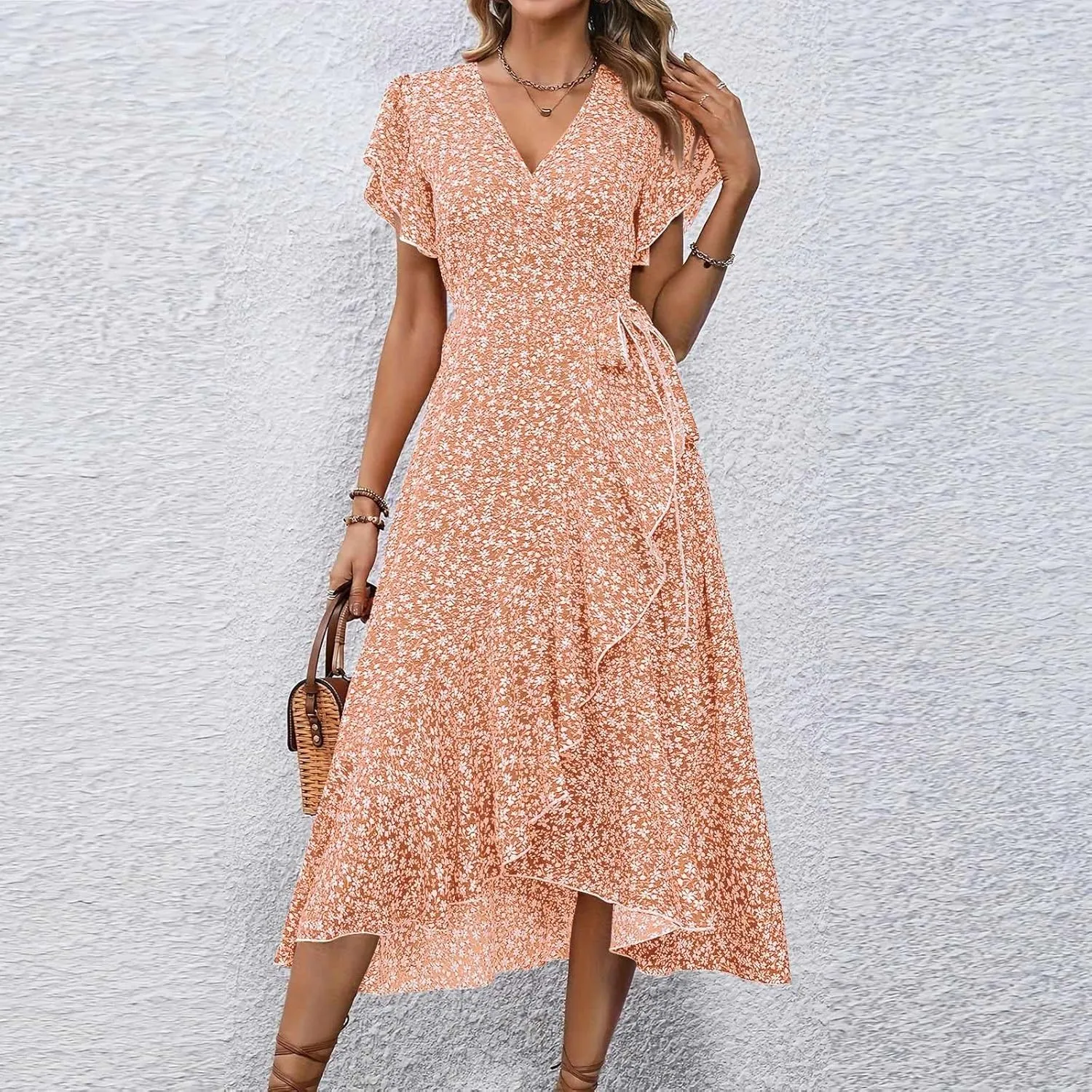 Summer Floral Dresses for Women 2025 Midi Wrap Dress V Neck Flutter Short Sleeve Ruffle Hem Tie Waist Beach Dresses
