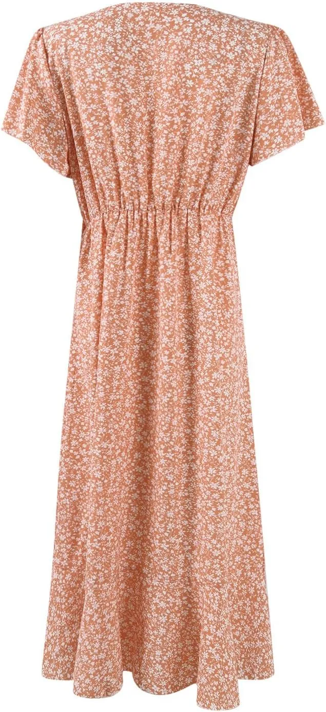 Summer Floral Dresses for Women 2025 Midi Wrap Dress V Neck Flutter Short Sleeve Ruffle Hem Tie Waist Beach Dresses