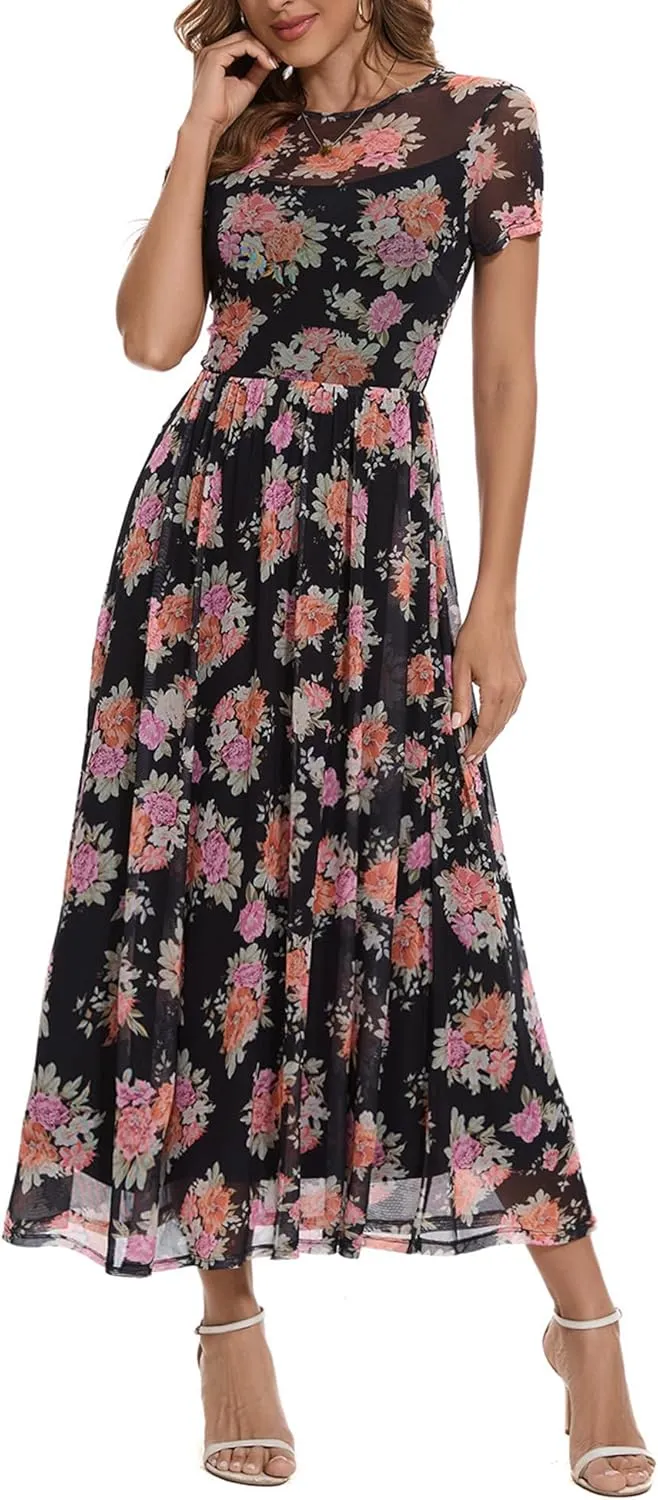 Summer Floral Mesh Maxi Dresses for Women 2025 Sexy Crew Neck Flowy Swing Long Work Cocktail Dress for Wedding Guest