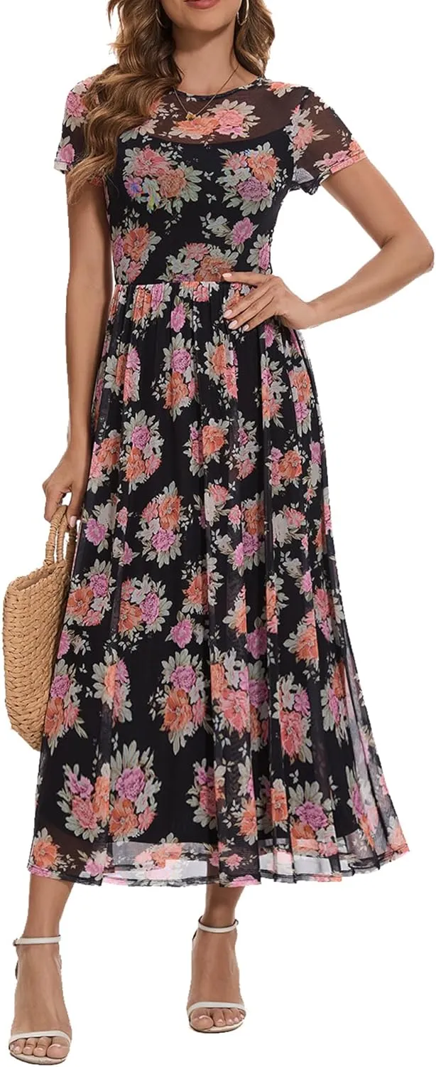 Summer Floral Mesh Maxi Dresses for Women 2025 Sexy Crew Neck Flowy Swing Long Work Cocktail Dress for Wedding Guest