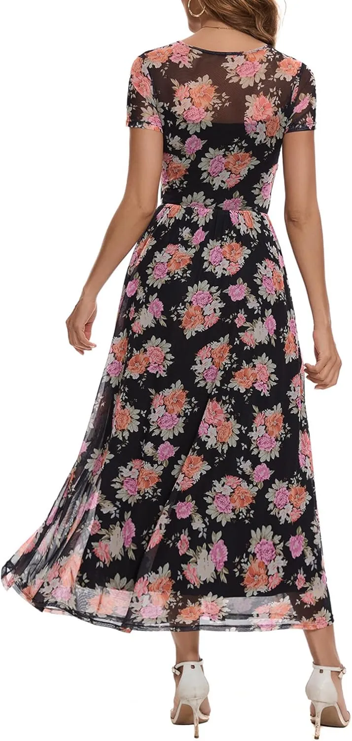 Summer Floral Mesh Maxi Dresses for Women 2025 Sexy Crew Neck Flowy Swing Long Work Cocktail Dress for Wedding Guest