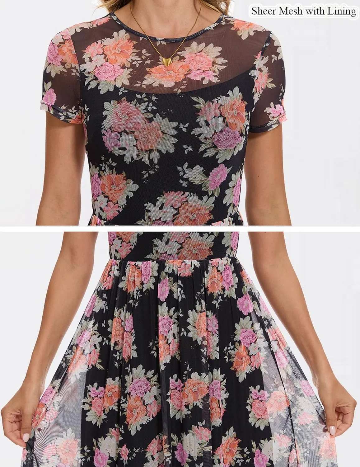 Summer Floral Mesh Maxi Dresses for Women 2025 Sexy Crew Neck Flowy Swing Long Work Cocktail Dress for Wedding Guest