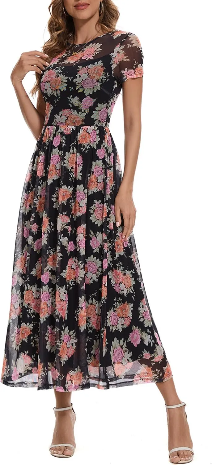Summer Floral Mesh Maxi Dresses for Women 2025 Sexy Crew Neck Flowy Swing Long Work Cocktail Dress for Wedding Guest