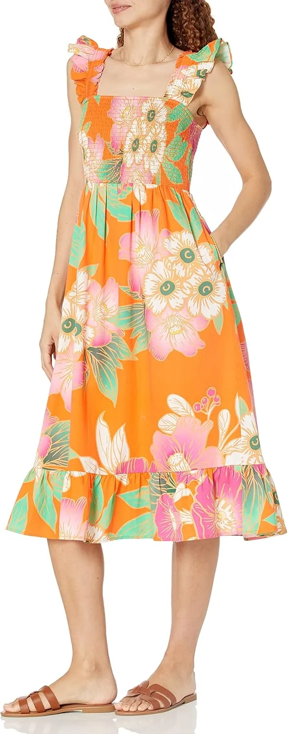The Drop Women's Kimi Ruffled Shoulder Smocked Midi Dress