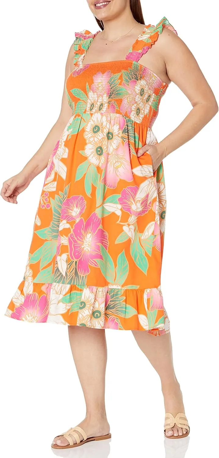 The Drop Women's Kimi Ruffled Shoulder Smocked Midi Dress