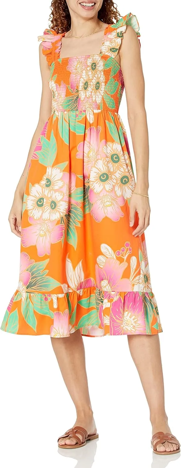 The Drop Women's Kimi Ruffled Shoulder Smocked Midi Dress