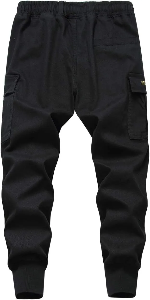 TLAENSON Boys Joggers Cargo Pants for Kids Drawstring Elastic Waist Cotton Twill Jogging School Pant