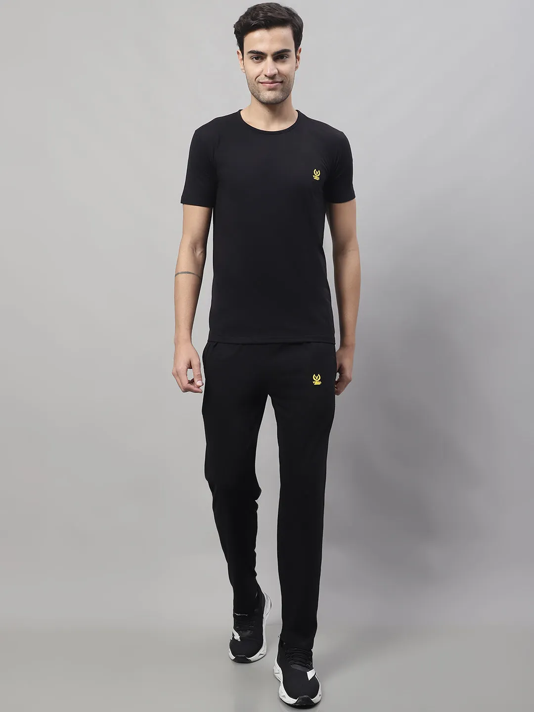 Vimal Jonney Black Cotton Solid Co-ord Set Tracksuit For Men(Zip On 1 Side Pocket)