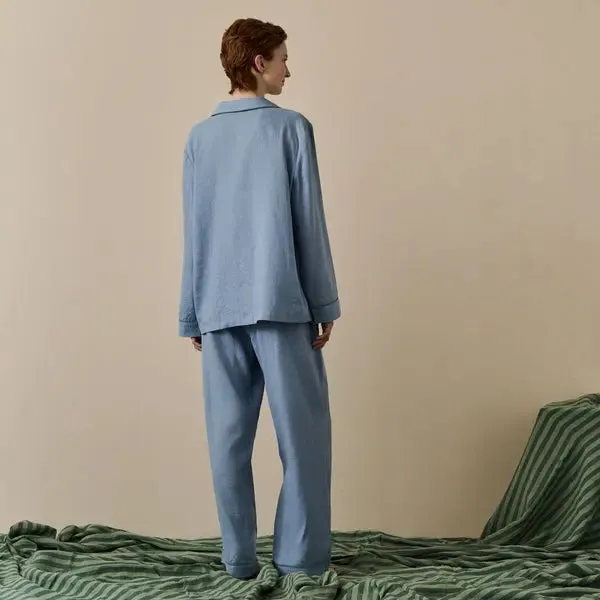 Wave Blue Linen & Tencel Women's Pyjama Trouser Set