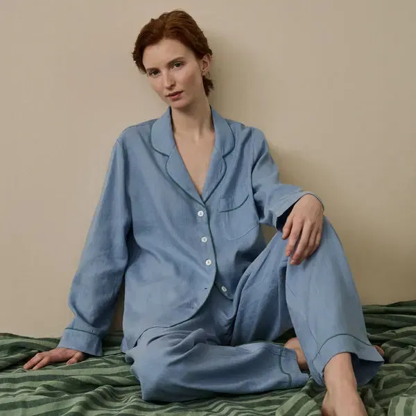 Wave Blue Linen & Tencel Women's Pyjama Trouser Set