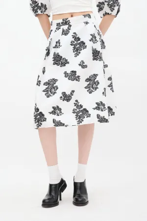 White & Black Reed Floral A-Line Midi Skirt