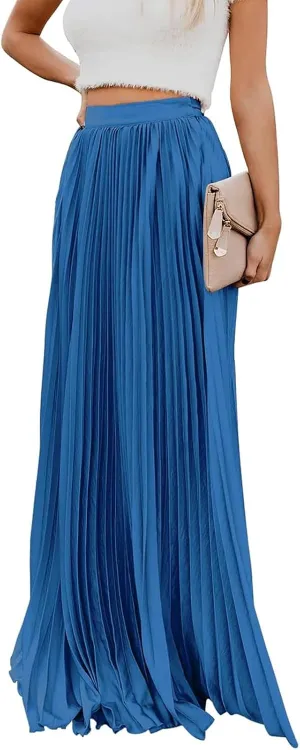Women's High Elastic Waist Pleated Flowy Swing A-line Maxi Skirts