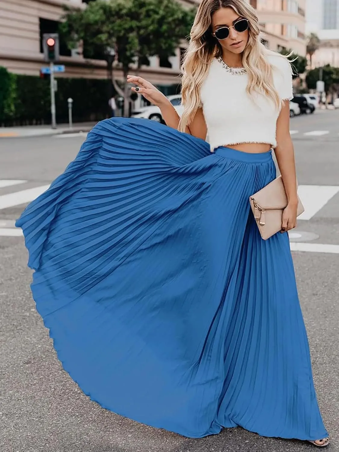 Women's High Elastic Waist Pleated Flowy Swing A-line Maxi Skirts