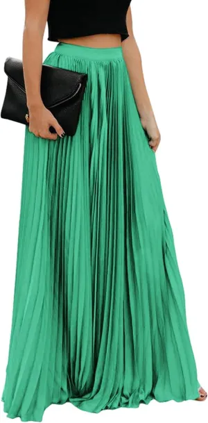 Women's High Elastic Waist Pleated Flowy Swing A-line Maxi Skirts