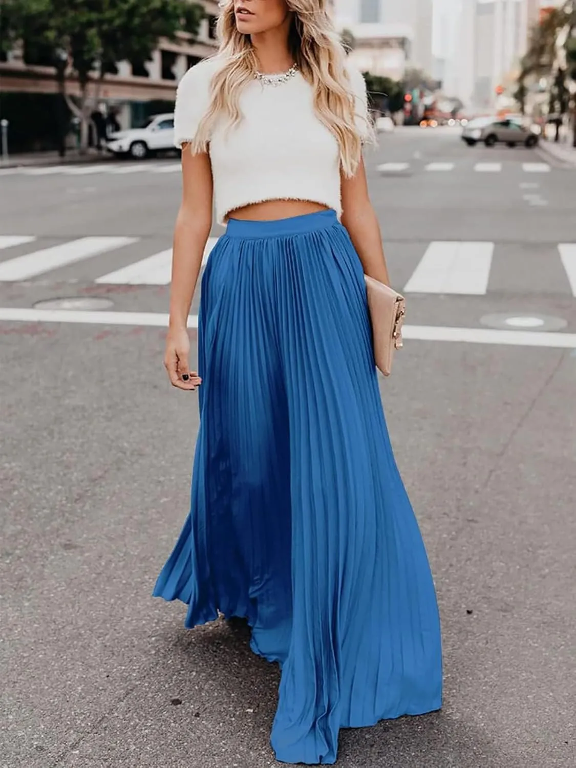 Women's High Elastic Waist Pleated Flowy Swing A-line Maxi Skirts