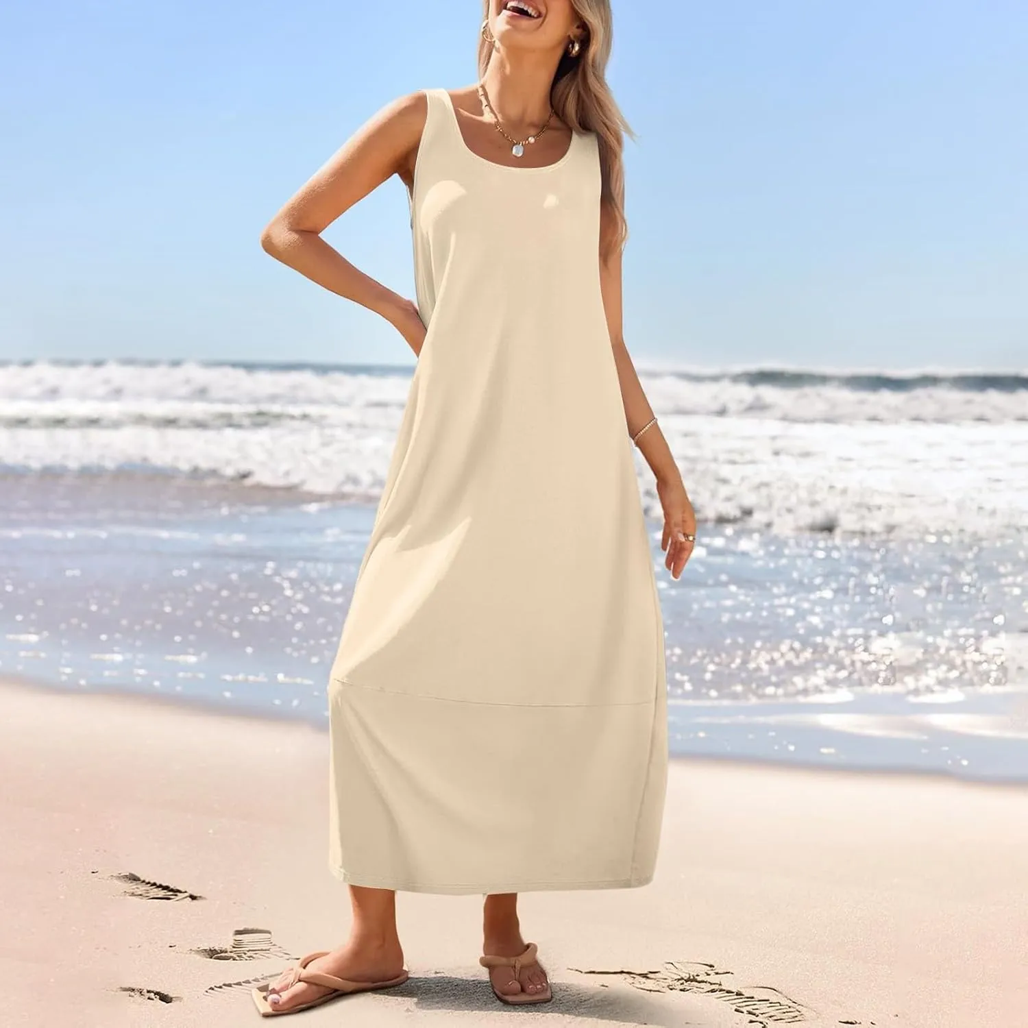 Women's Loose Casual Midi Cotton Dresses Sundress Sleeveless Beach Summer Trendy Tank Top Dress with Pockets