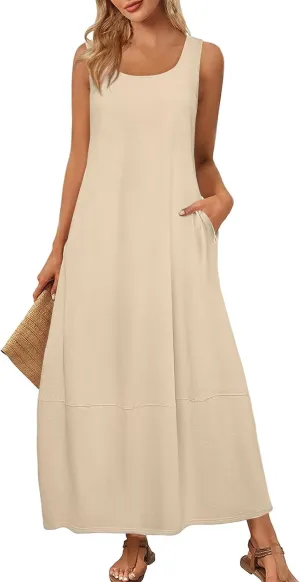 Women's Loose Casual Midi Cotton Dresses Sundress Sleeveless Beach Summer Trendy Tank Top Dress with Pockets
