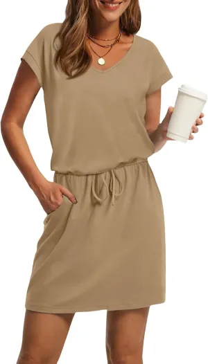 Womens Summer Dresses V Neck Short Sleeve Tshirt Dress Drawstring Cinched Waist Mini Dress A Line Casual Dresses 2025