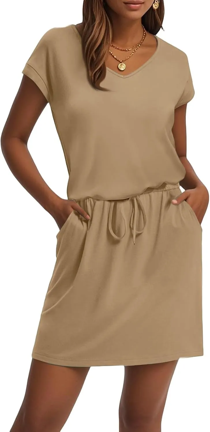Womens Summer Dresses V Neck Short Sleeve Tshirt Dress Drawstring Cinched Waist Mini Dress A Line Casual Dresses 2025