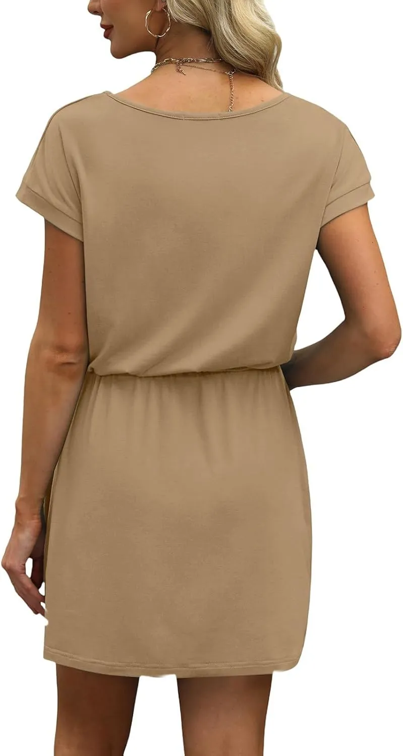 Womens Summer Dresses V Neck Short Sleeve Tshirt Dress Drawstring Cinched Waist Mini Dress A Line Casual Dresses 2025