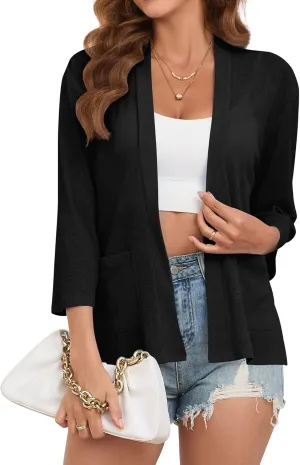 Womens Summer Lightweight Cardigan 3/4 Sleeve Open Front Sheer Cover Ups with Pockets 2024