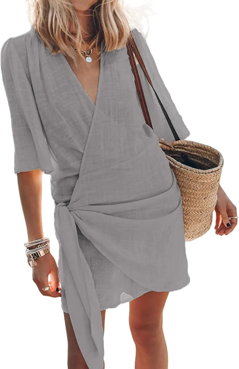Womens Summer Linen Dresses V-Neck Short Sleeve Wrap Tie Mini Dress Beach Vacation Cocktail Dress