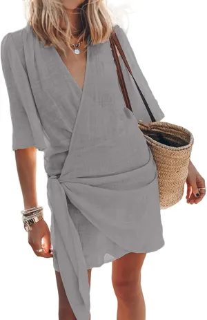 Womens Summer Linen Dresses V-Neck Short Sleeve Wrap Tie Mini Dress Beach Vacation Cocktail Dress