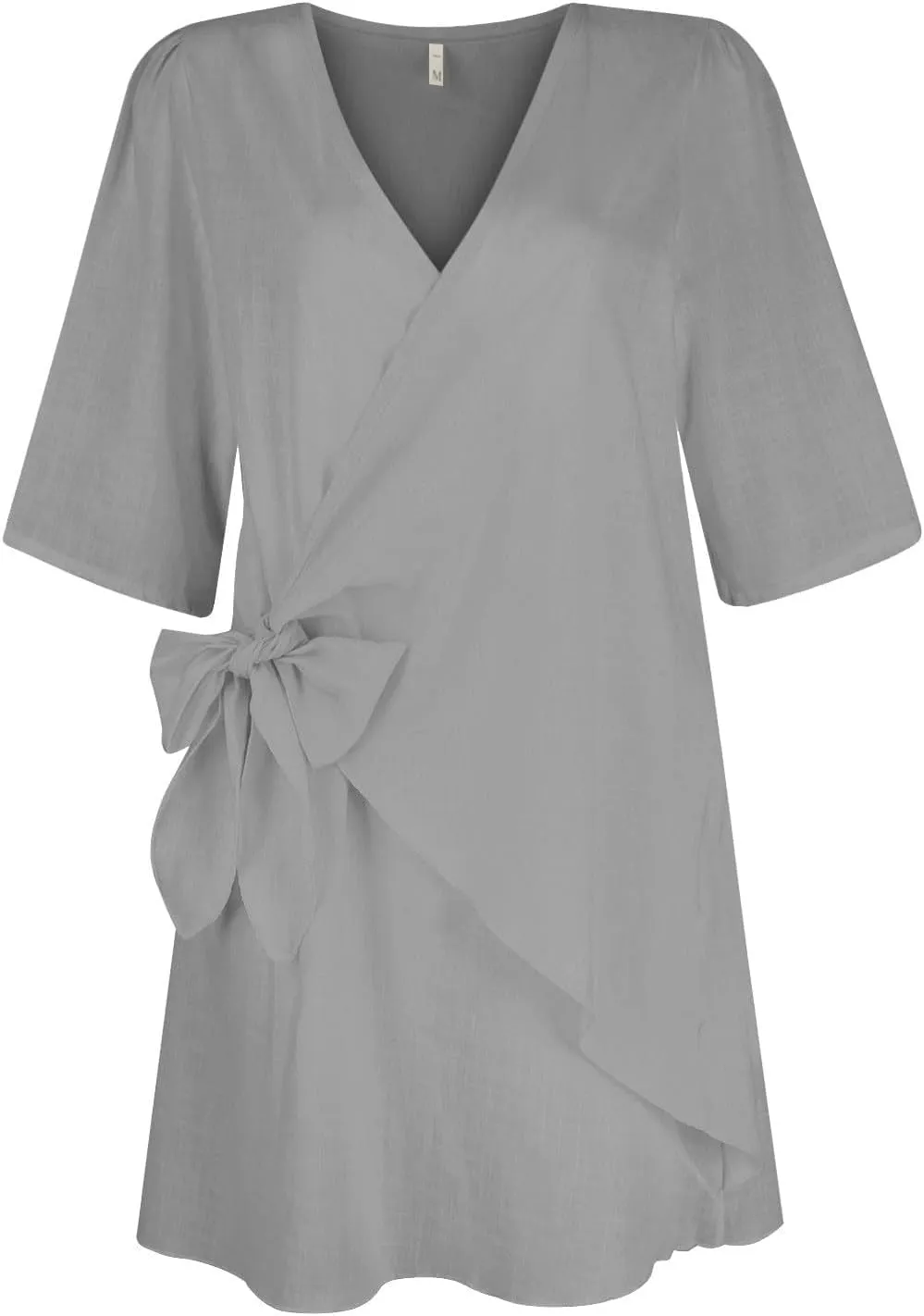 Womens Summer Linen Dresses V-Neck Short Sleeve Wrap Tie Mini Dress Beach Vacation Cocktail Dress