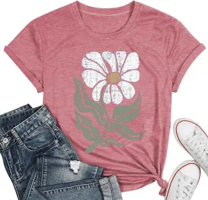 Women's Vintage Flowers Shirt Casual Boho Floral Printed Shirts Sunflower Wildflowers Graphic Tee Tops 