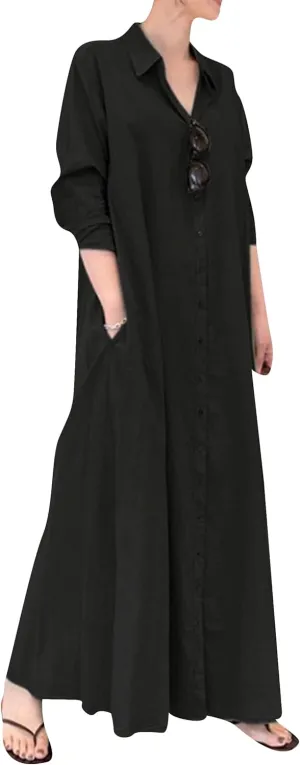 YMING Womens Cotton and Linen Shirt Dress Casual Loose Blouse Dress Solid Color Maxi Dresses Plus Size