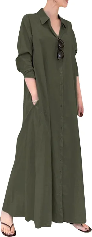 YMING Womens Cotton and Linen Shirt Dress Casual Loose Blouse Dress Solid Color Maxi Dresses Plus Size