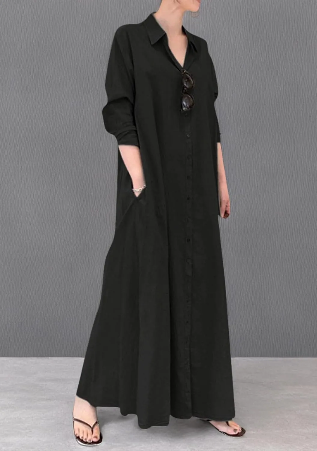 YMING Womens Cotton and Linen Shirt Dress Casual Loose Blouse Dress Solid Color Maxi Dresses Plus Size