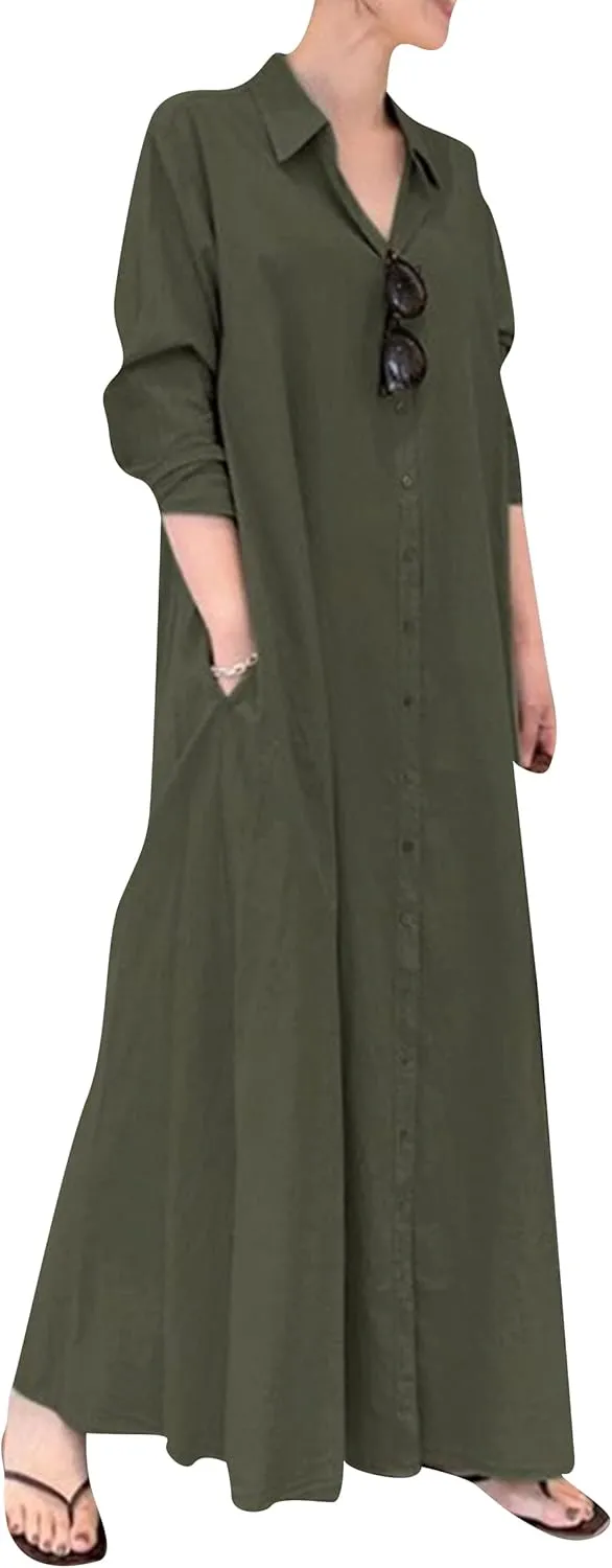 YMING Womens Cotton and Linen Shirt Dress Casual Loose Blouse Dress Solid Color Maxi Dresses Plus Size